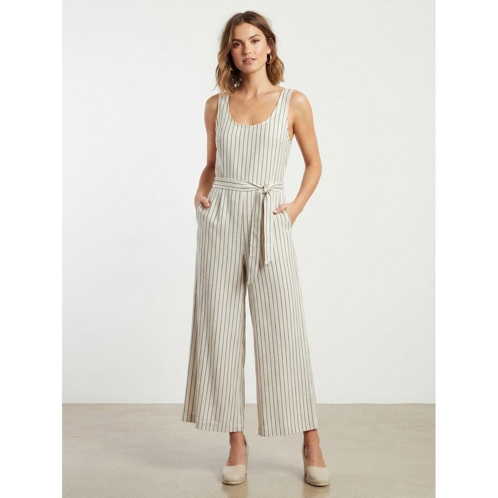 Gap Womens Small Striped Wide Leg Sleeveless Jumpsuit Cream Navy Blue Belted